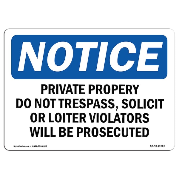 Signmission OSHA Notice Sign, 3.5" H, 5" W, Private Property Dot No Trespass Solicit Sign, Landscape, 10PK OS-NS-D-35-L-17828-10PK - main